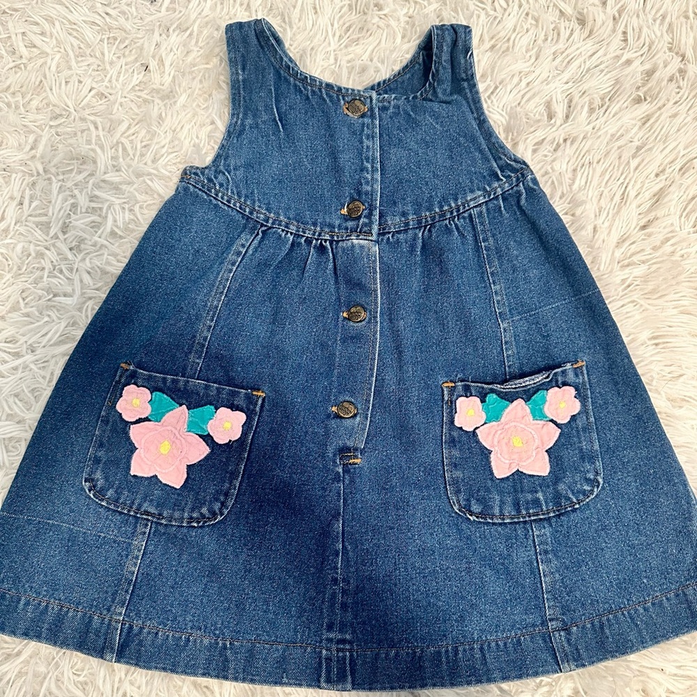 Vintage Happy Kids Jean dress with Floral Pockets